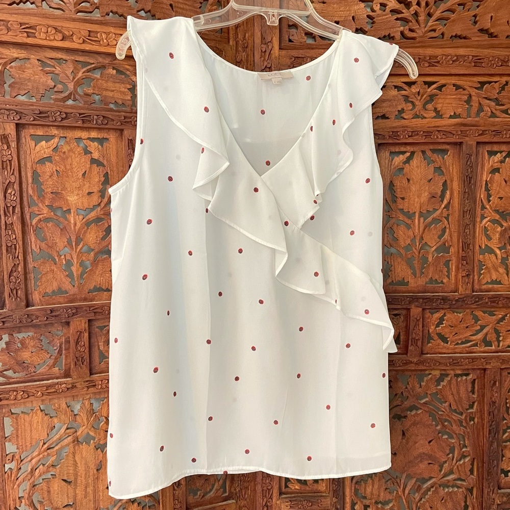 LOFT blouse sleeveless flowers on white ruffle neck medium - Lg like new light